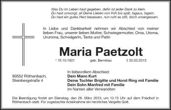 Traueranzeige von Maria Paetzolt von Pegnitz-Zeitung